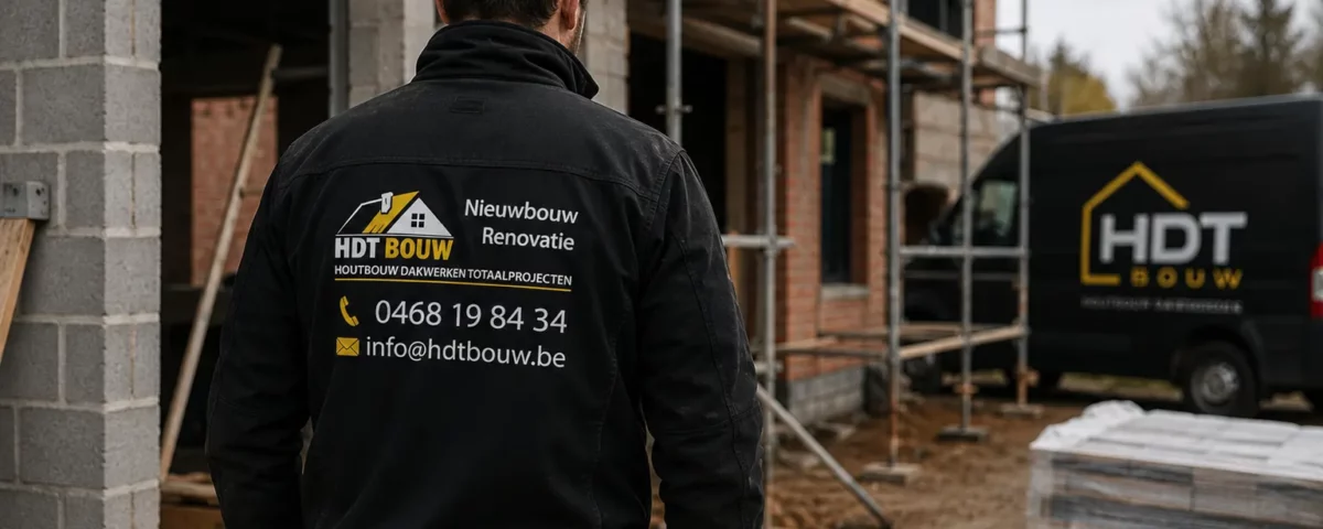 Vakman van HDT Bouw aan het werk op een bouwwerf in Affligem