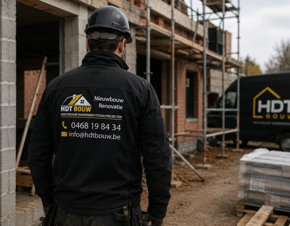 Vakman van HDT Bouw aan het werk op een bouwwerf in Affligem