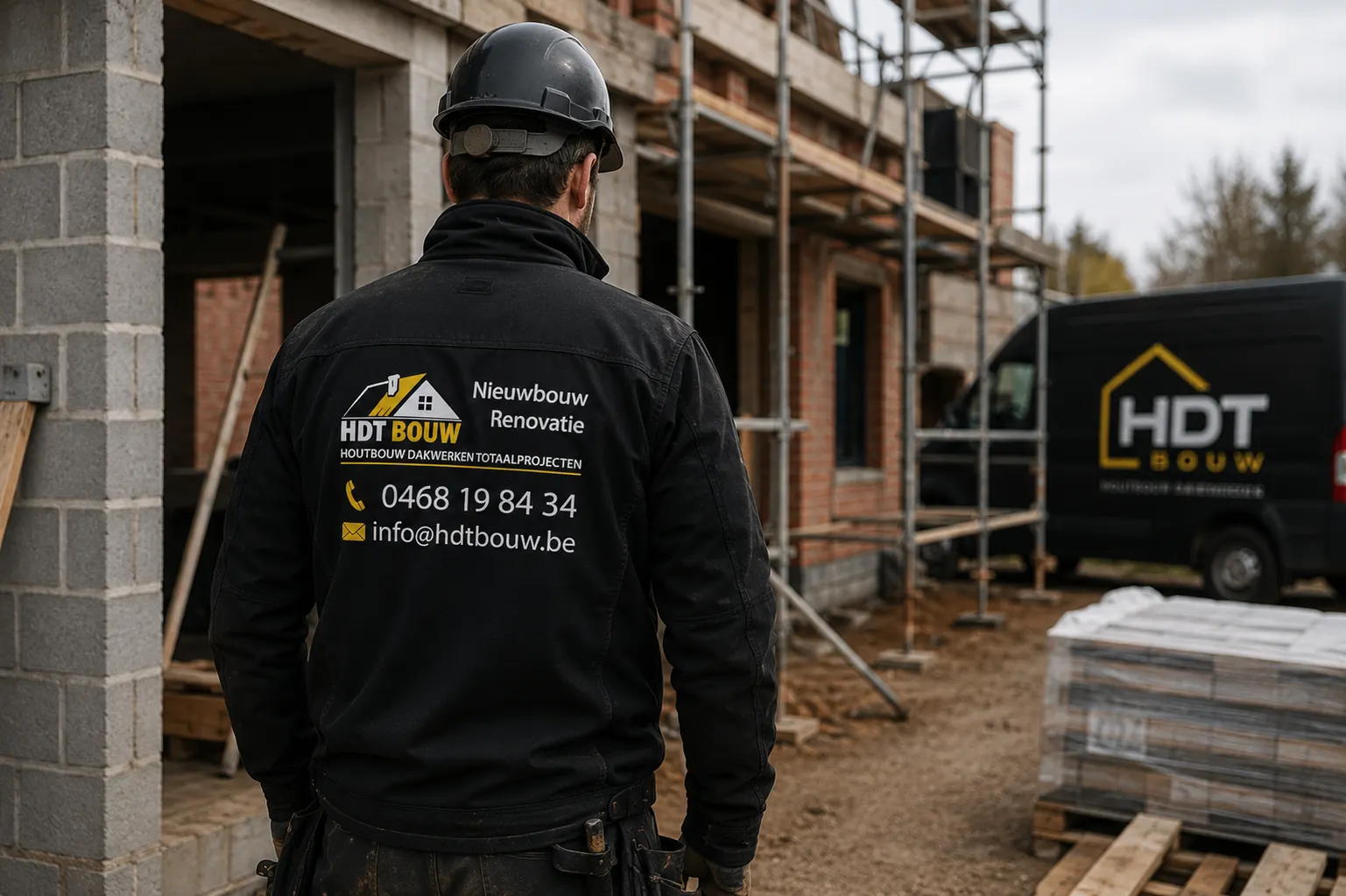 Vakman van HDT Bouw aan het werk op een bouwwerf in Affligem