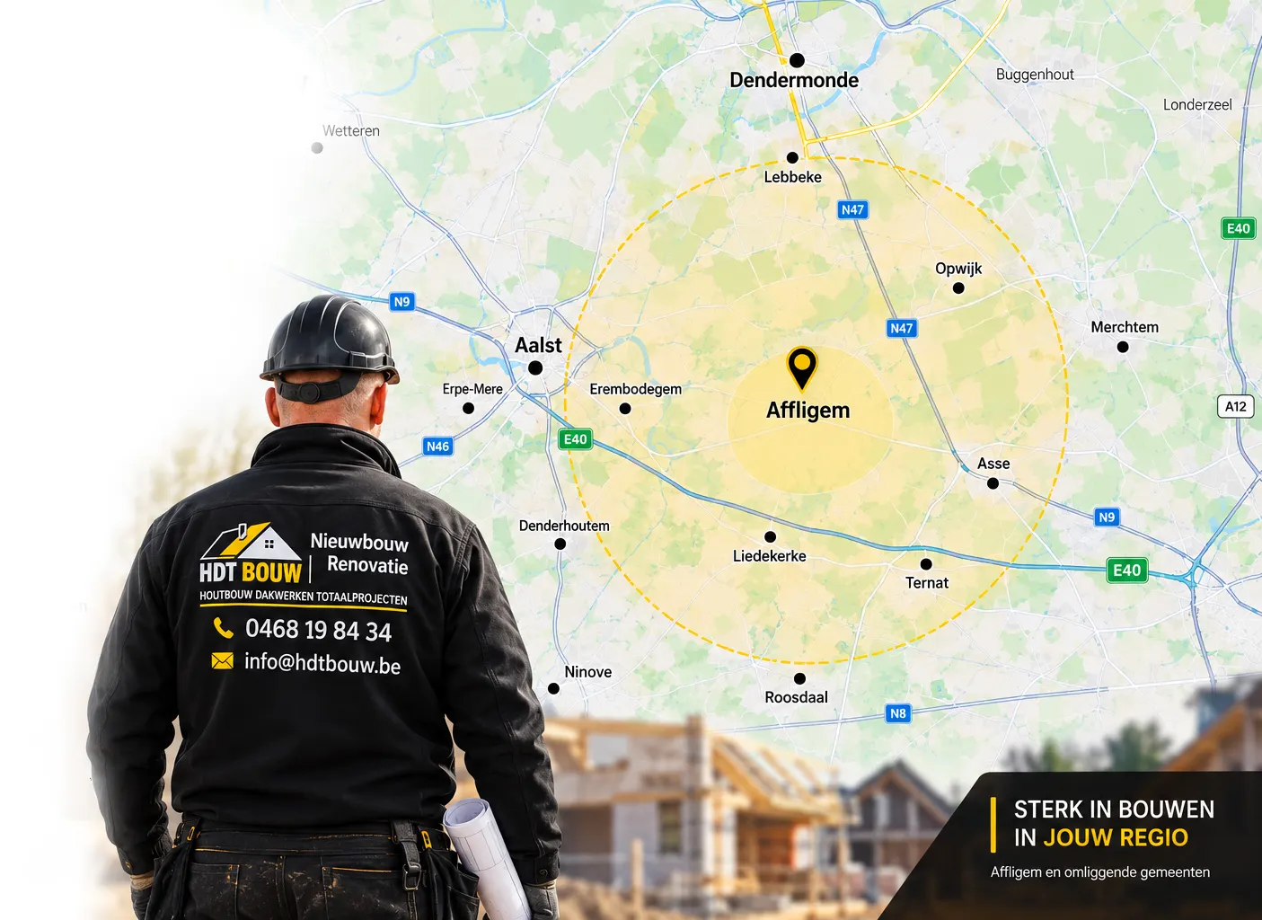 Werkregio van HDT Bouw vanuit Affligem voor bouw- en renovatieprojecten