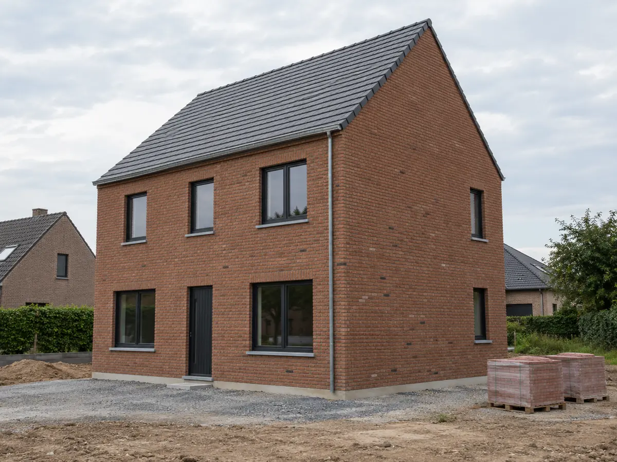 nieuwbouwwoning met roodbruine bakstenen, zwarte ramen en een grijs pannendak.