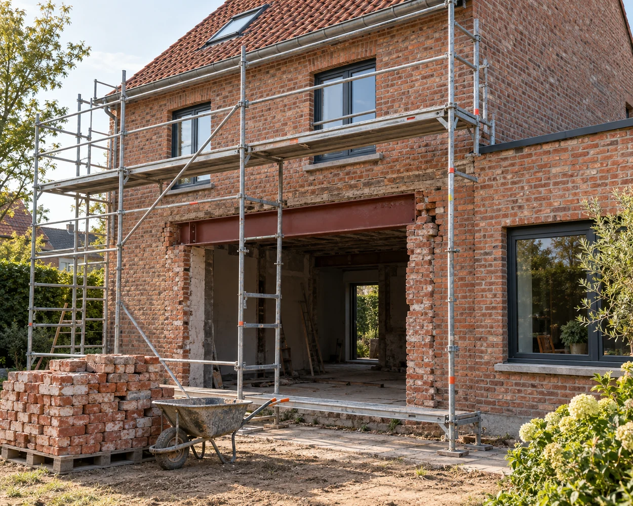 Bakstenen woning tijdens renovatie met een brede gevelopening, stalen draagbalk en stelling